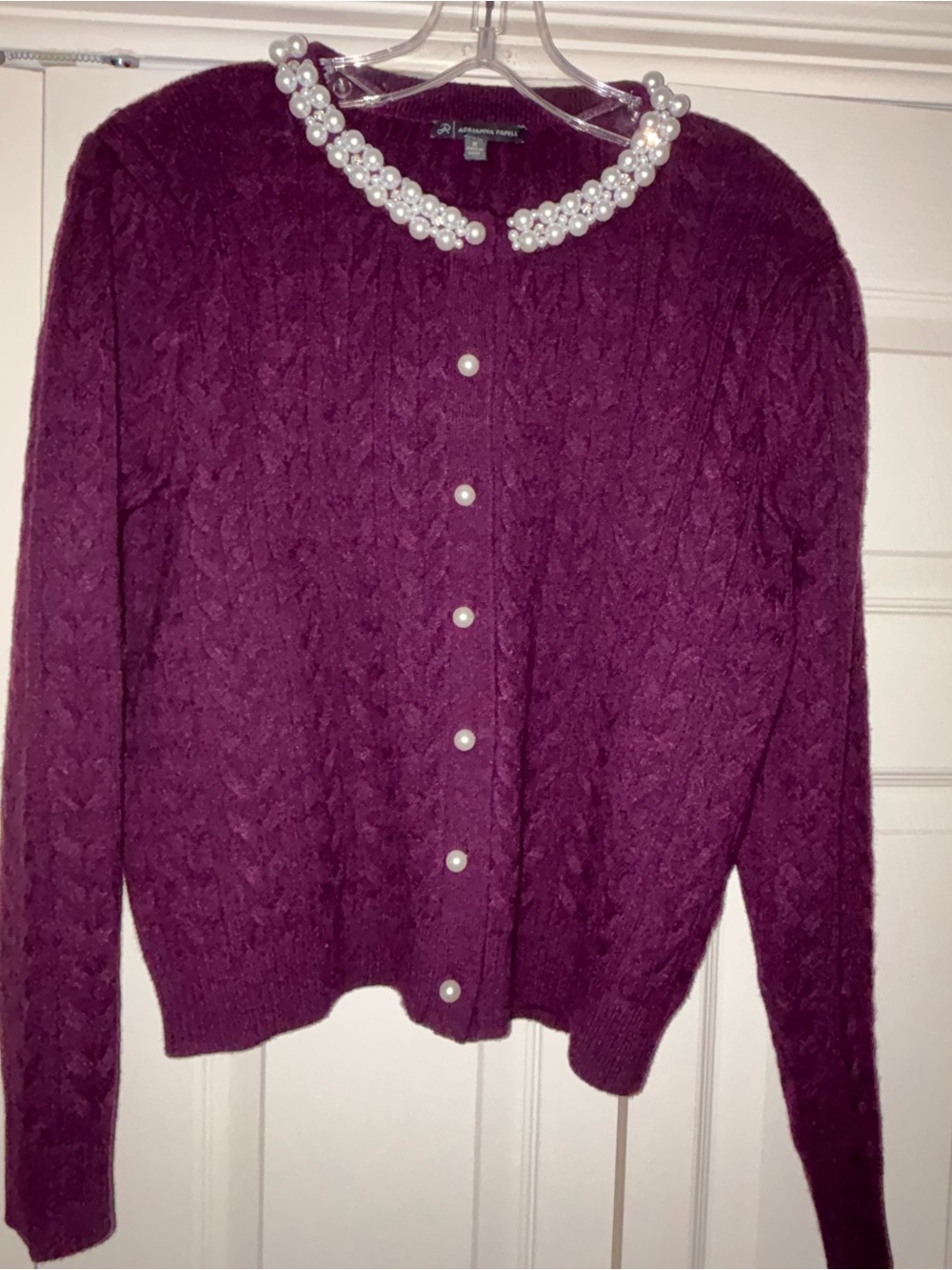 Adrianna Papell Plum Cable-Knit Cardigan with Pearl Collar